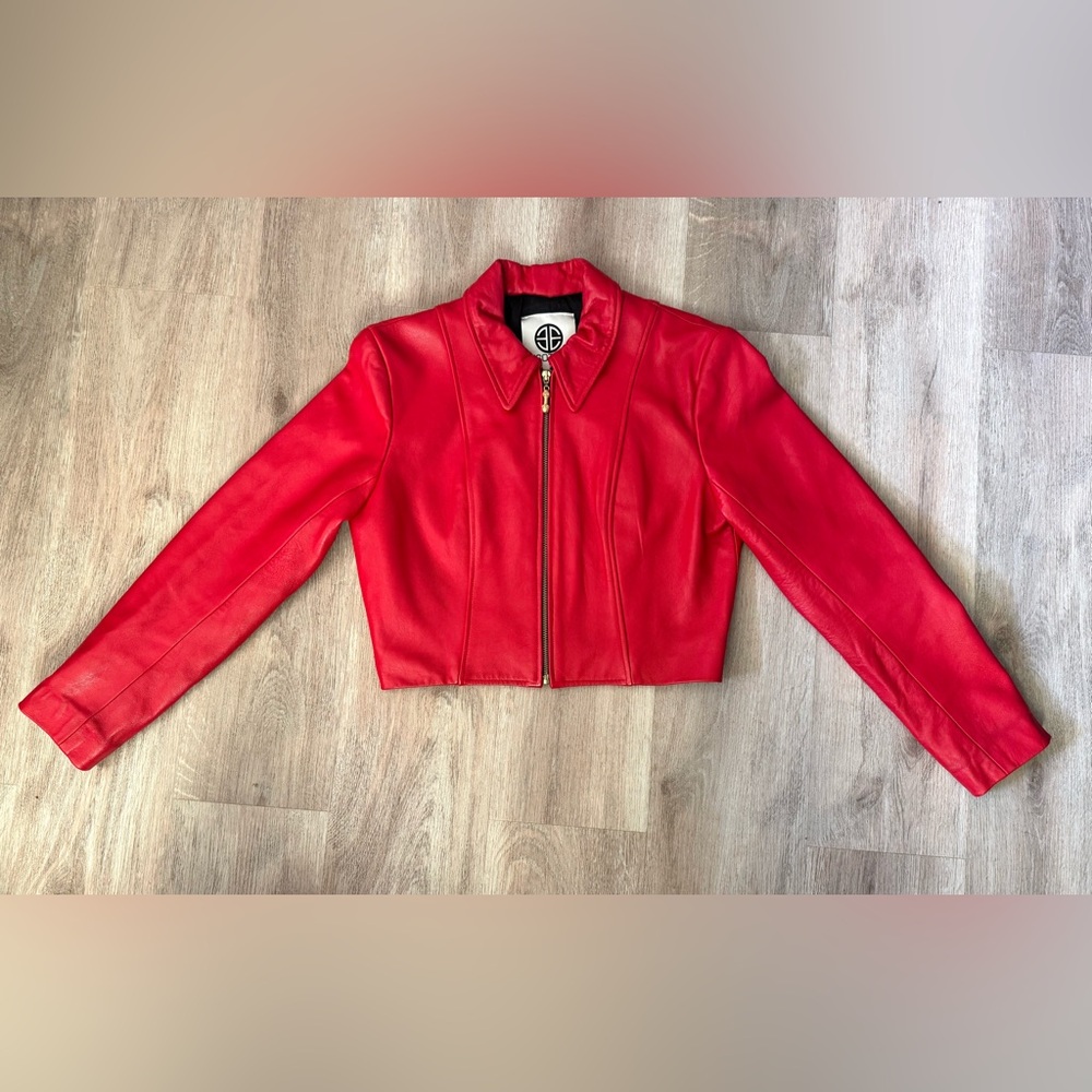 Bright Cherry Red Genuine Vintage Leather Cropped Zip Jacket Small Medium Y2K
